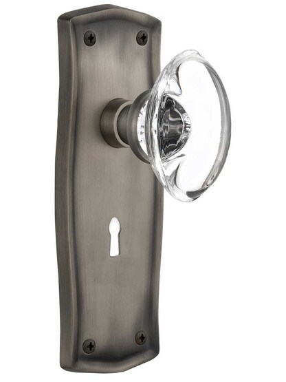 Prairie Style Door Set with Oval Crystal Glass Knobs in Antique Pewter .